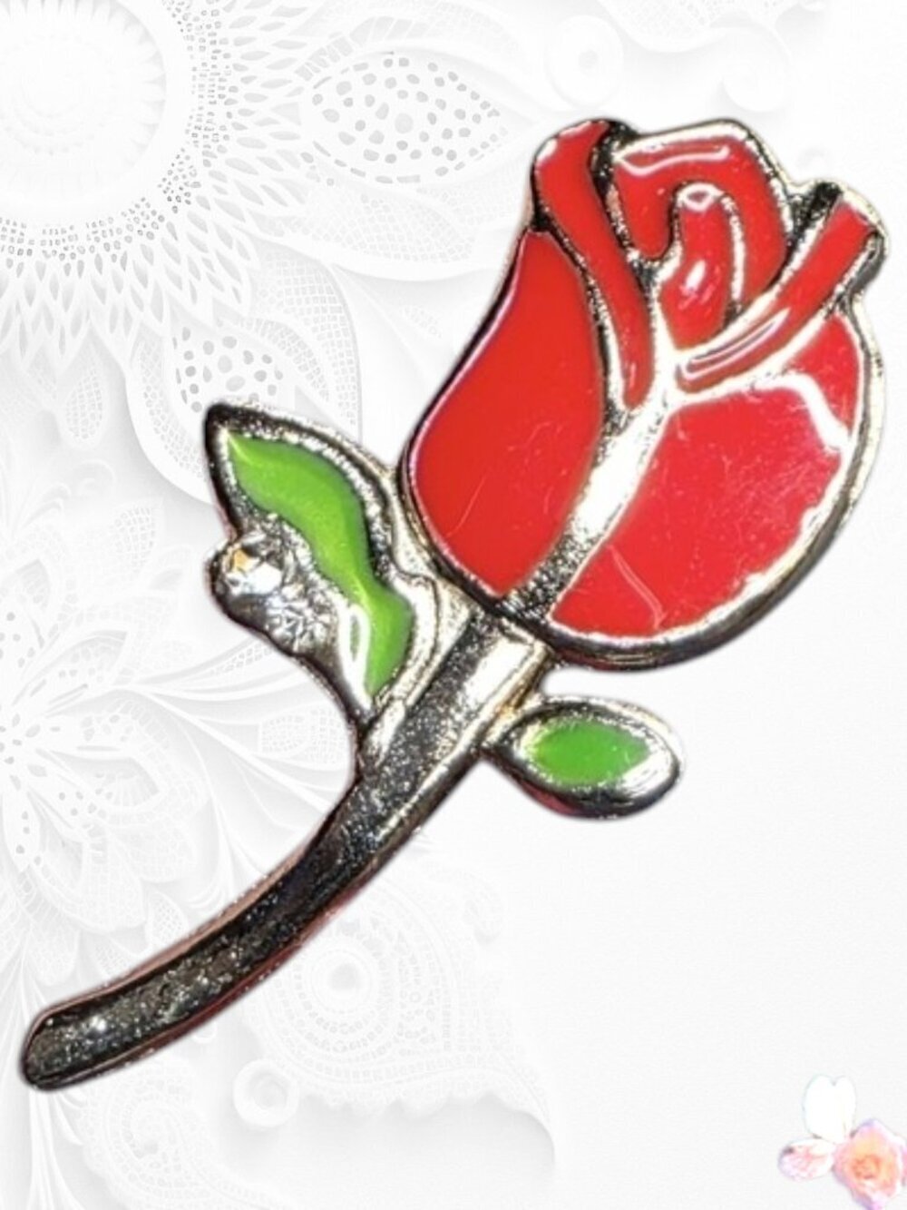 Red Enamel Rose Brooch Floral Stem Design With Two Crystal Rhinestones 353